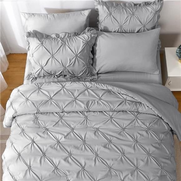 Queen Comforter Set 7 Pieces,Pintuck Gray Bed in a Bag Comforter Set for Bedroom - Picture 2 of 6